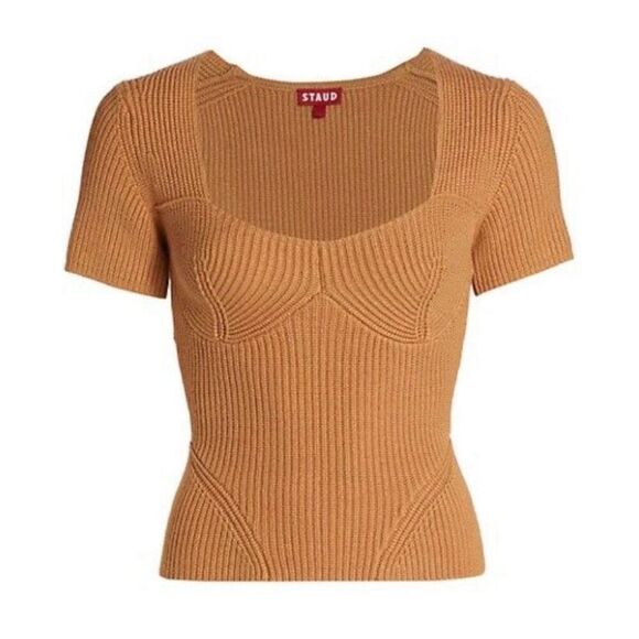 Staud Buxton Brown Ribbed Knit Short Sleeve Sweater NWT Size Extra Large - Picture 1 of 7